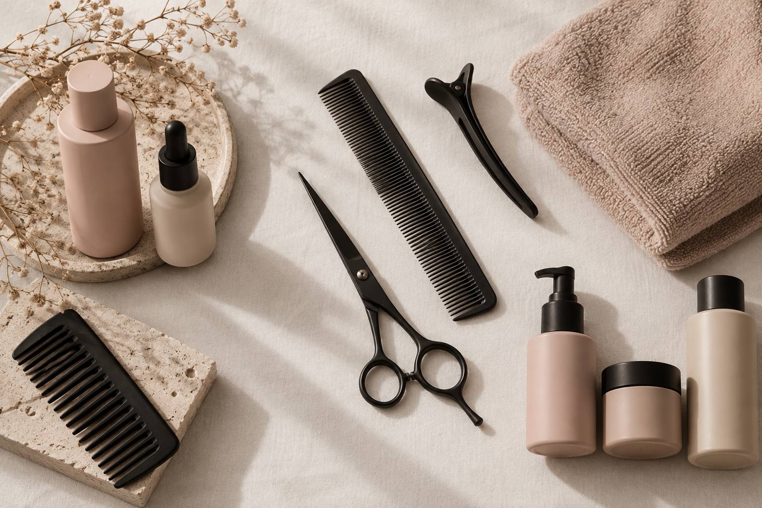 Ciseaux, peigne et flacons unis sur un plan de coiffure