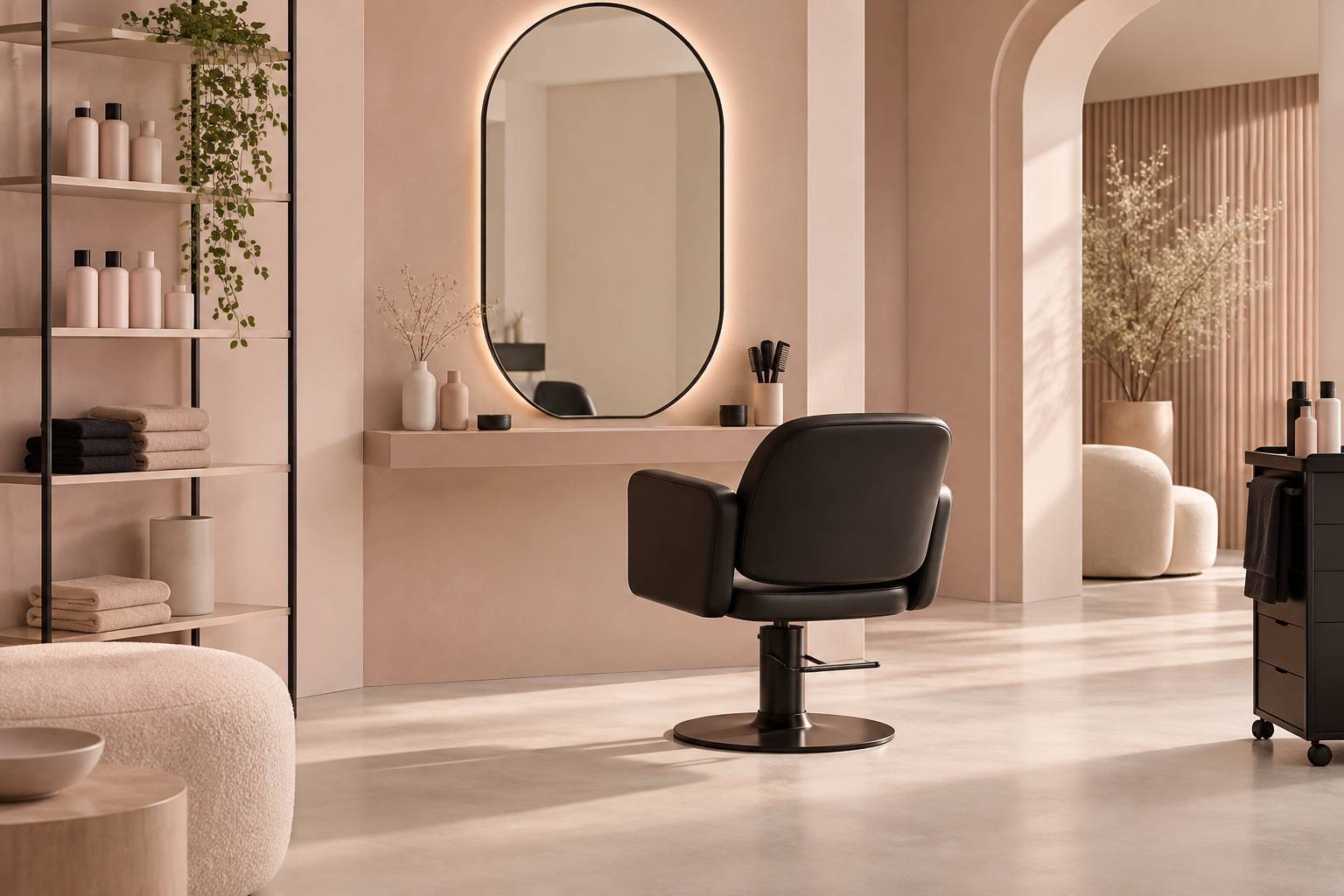 Salon de coiffure epure avec fauteuil vide et miroir mural