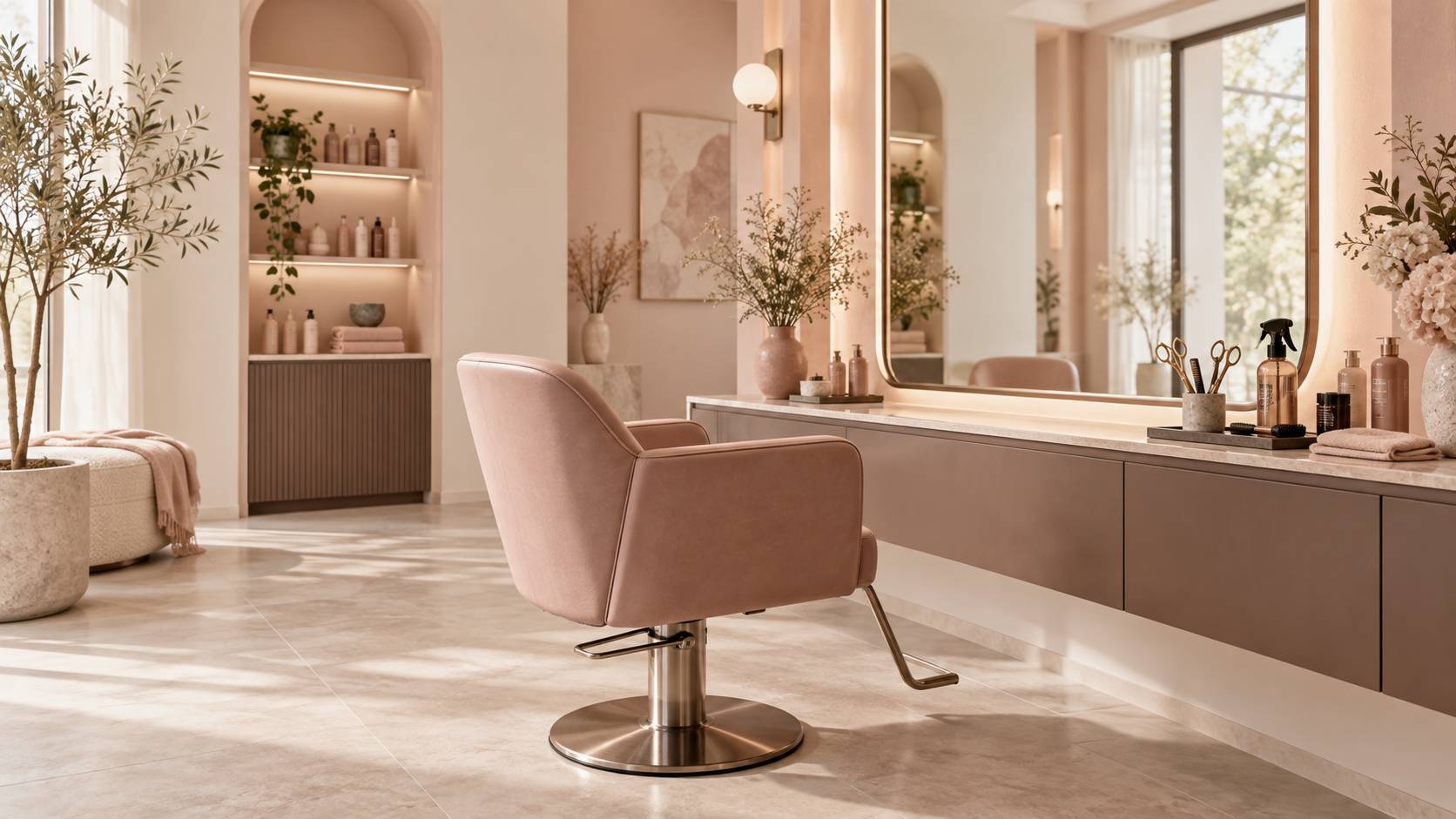 Fauteuil de salon de coiffure, ciseaux et peigne dans un espace lumineux