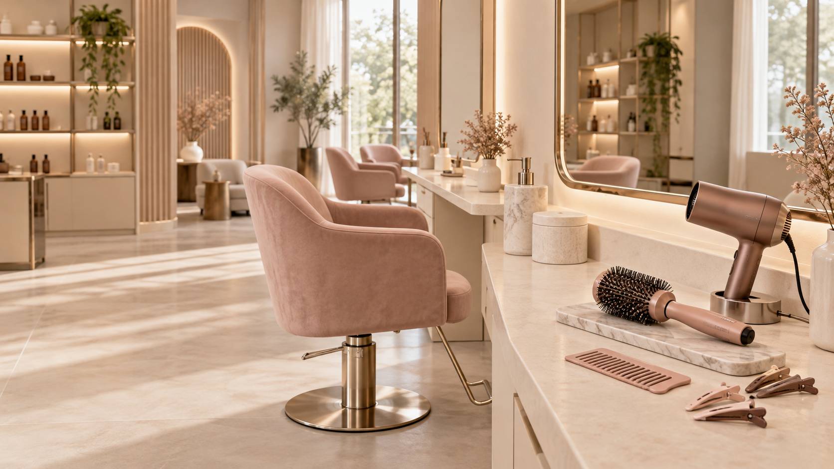 Brosse ronde, sèche-cheveux et fauteuil dans un salon de coiffure clair