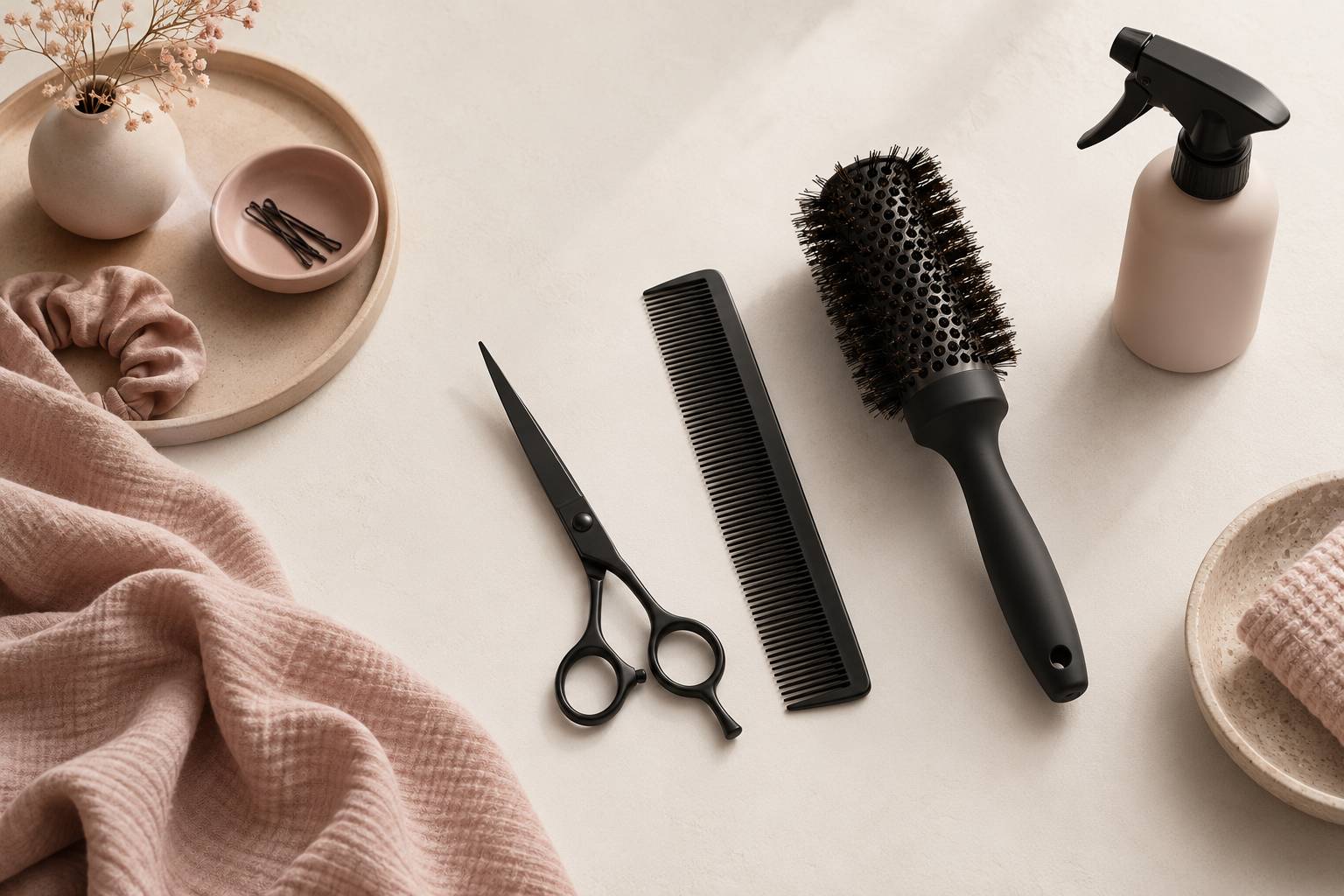 Ciseaux, peigne et vaporisateur neutre sur un plan