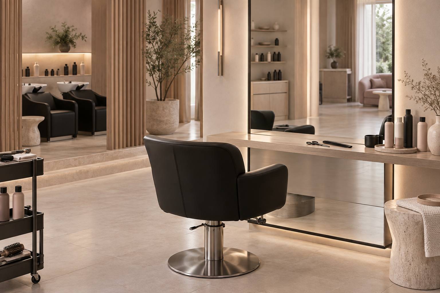 Fauteuil de coiffure et miroir dans un salon épuré
