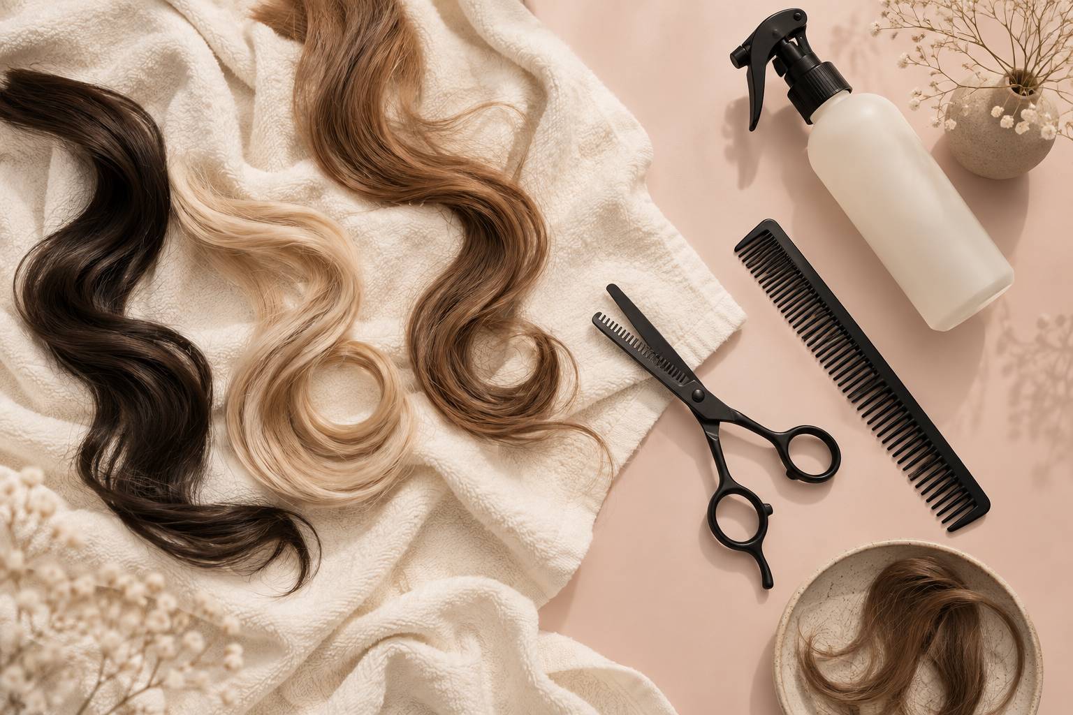 Poste de coiffure avec meches textures ciseaux et peigne