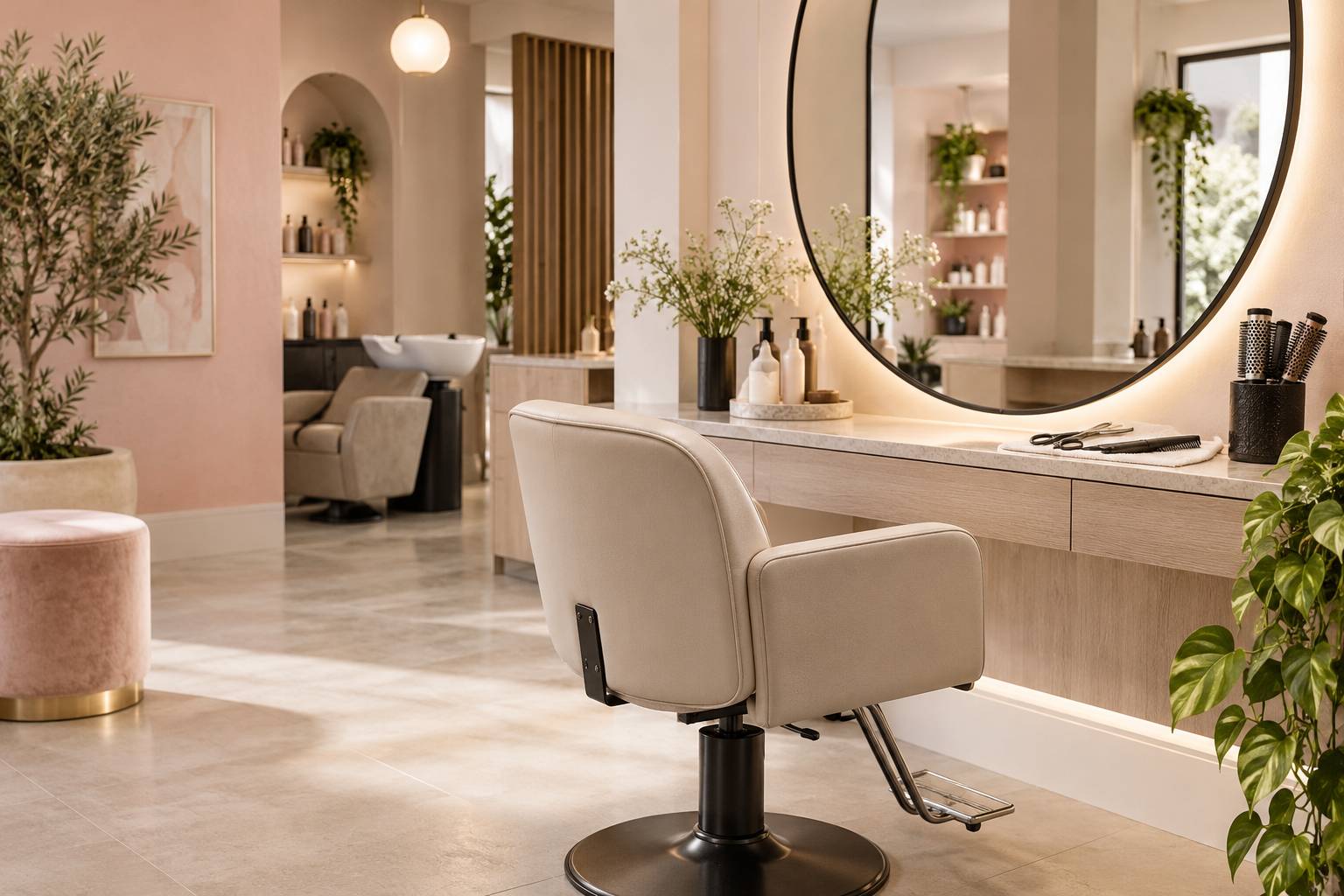 Salon de coiffure lumineux avec fauteuil neutre devant un grand miroir