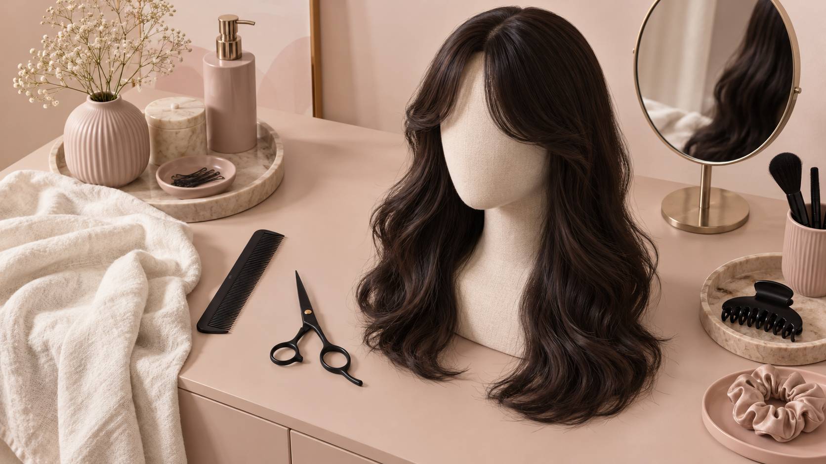 Tête de mannequin coiffée d'une frange rideau sur une coiffeuse