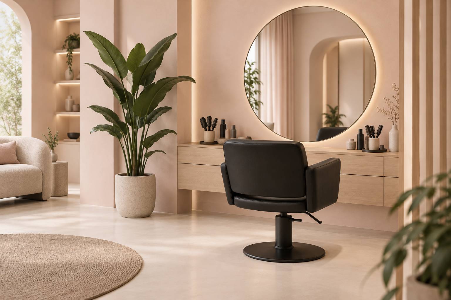 Salon de coiffure lumineux avec fauteuil et miroir rond