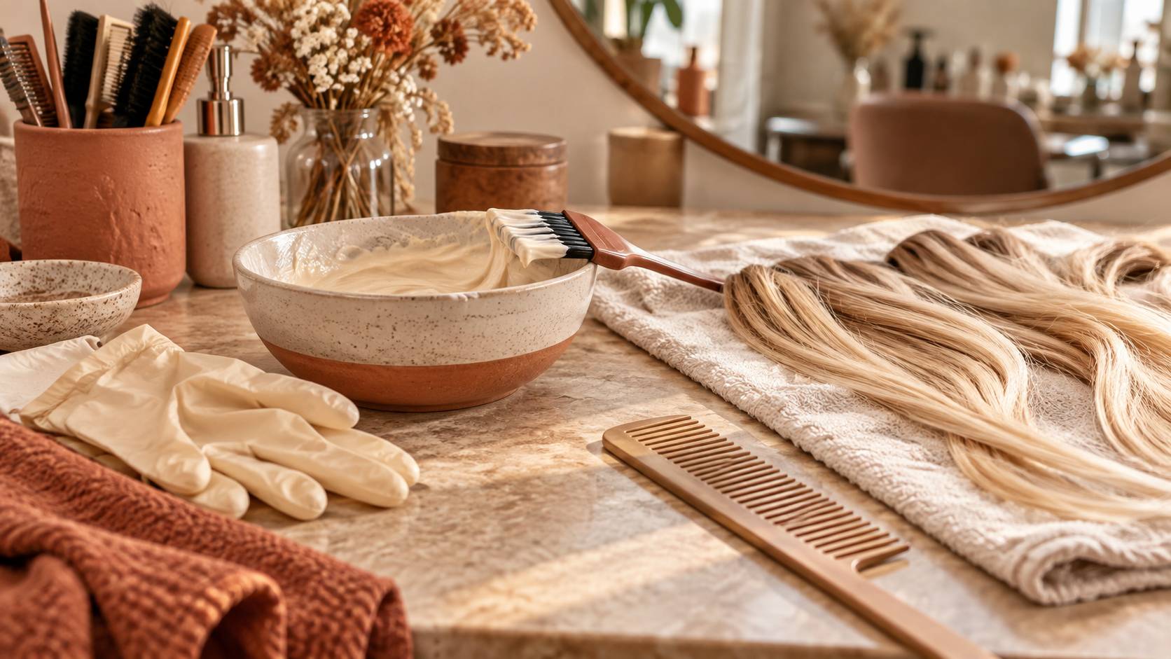 Bol de patine, pinceau et mèches blondes sur une serviette de salon