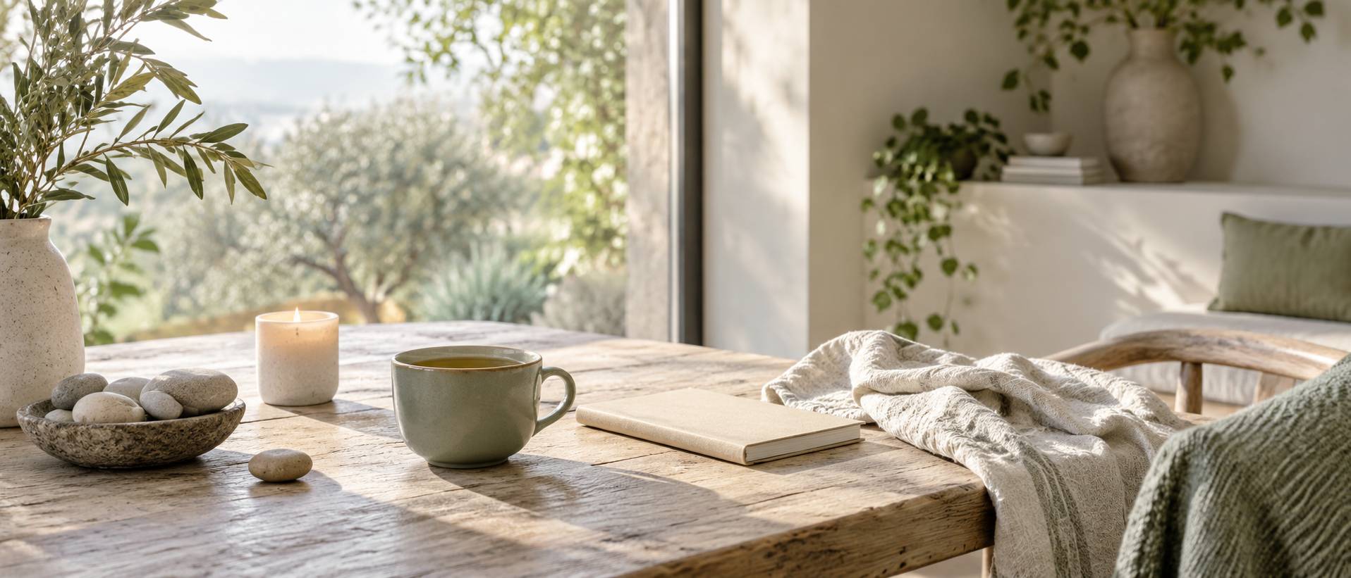 Bougie, tisane et serviette claire sur une table de detente