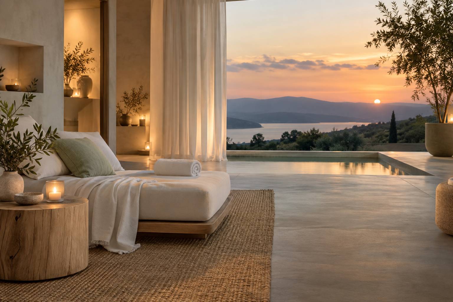 Coin detente le soir avec bougie allumee et linge blanc