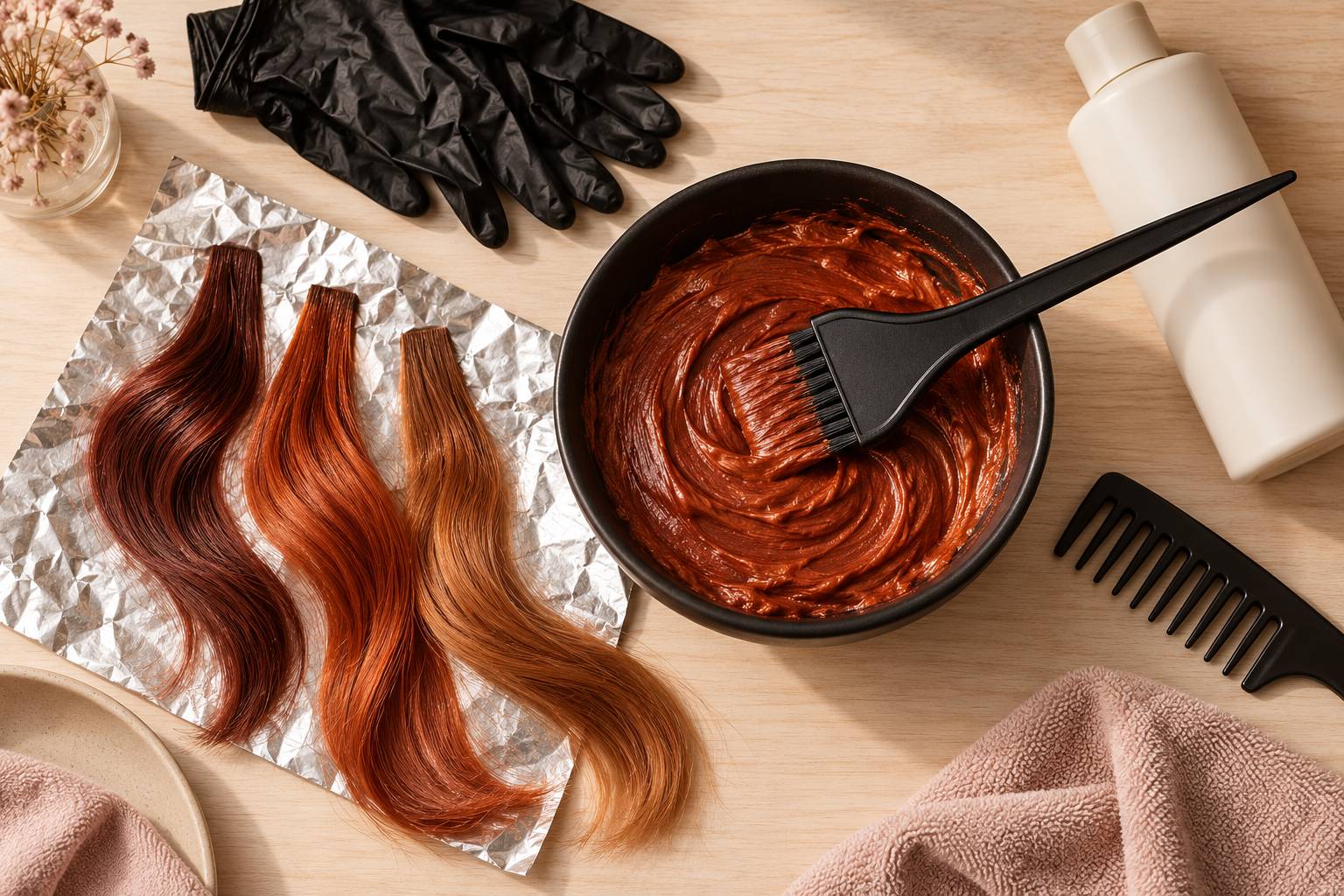 Bol de coloration cuivrée avec pinceau, mèches auburn et gants sur plan de travail de salon