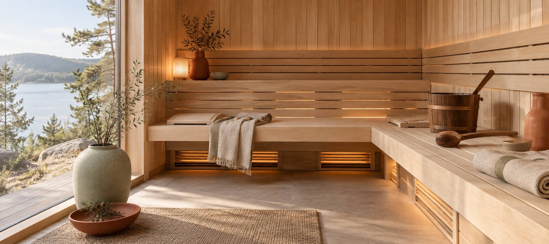 Interieur d'un sauna en bois avec panneaux chauffants et serviette