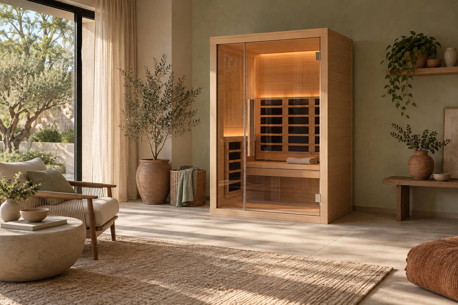 Cabine de sauna infrarouge en bois clair dans un interieur sobre