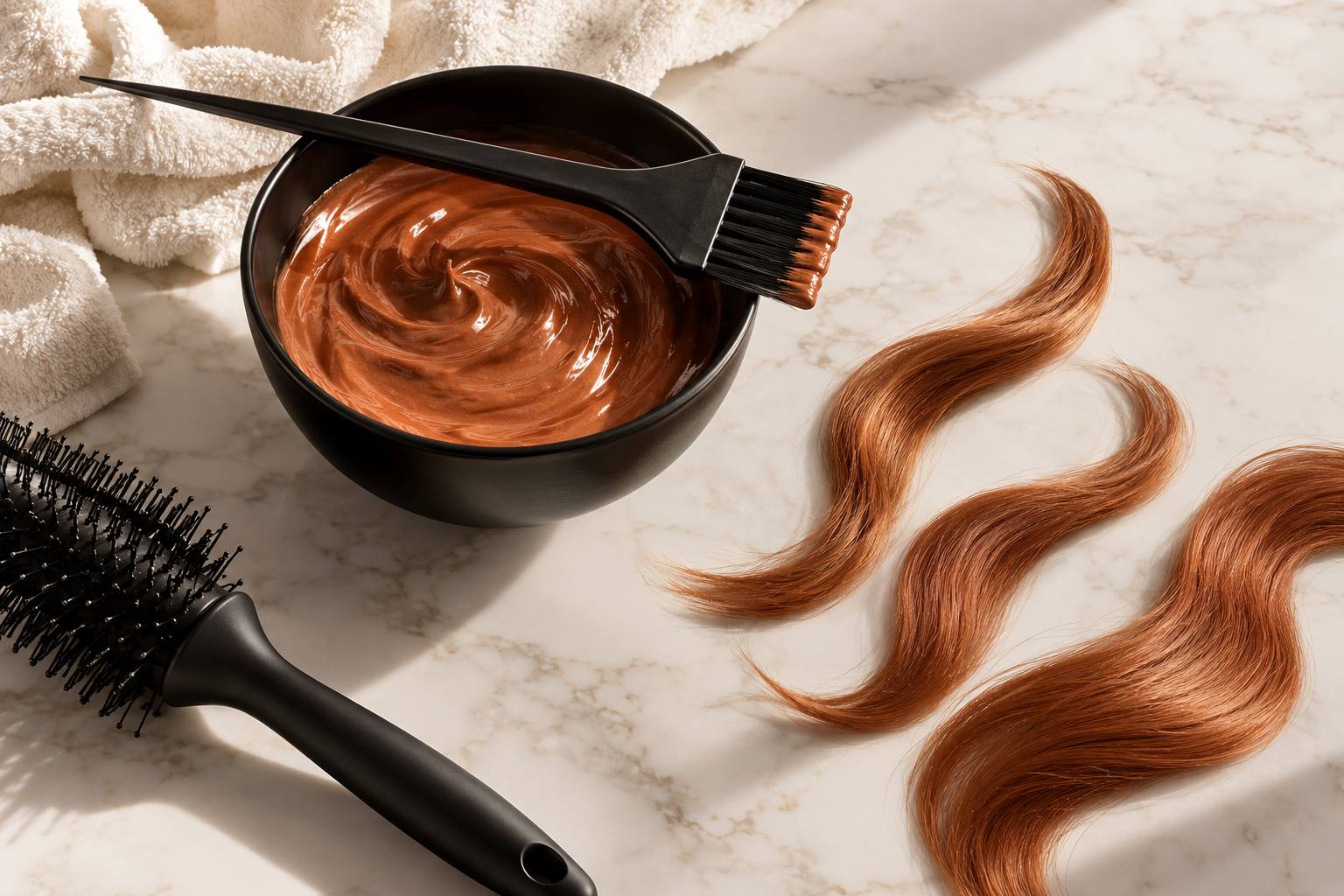 Bol de soin cuivré, pinceau de coloration et mèches sur un plan de travail de salon