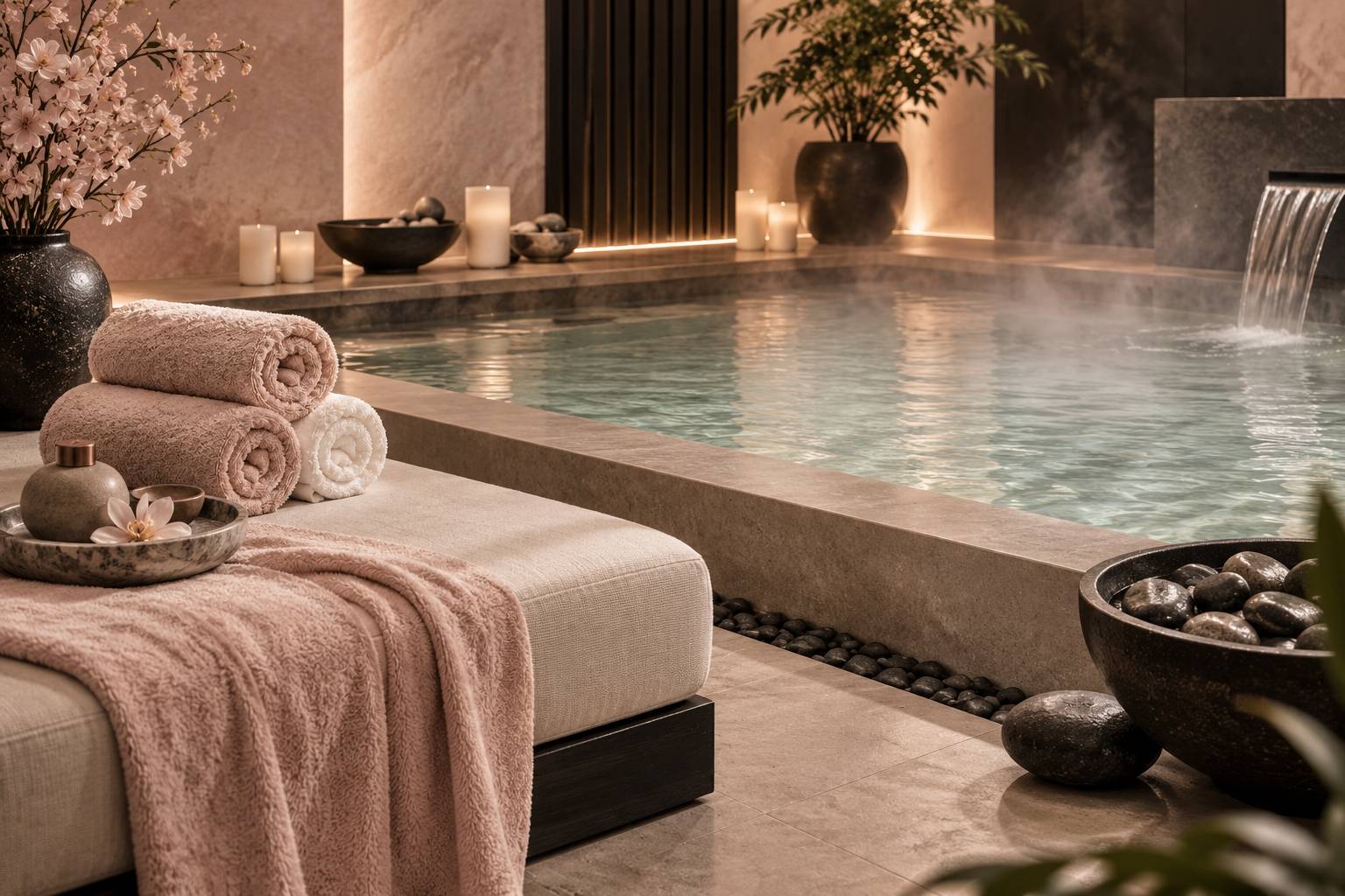 Spa calme avec serviettes roulees et galets pres d'un bassin