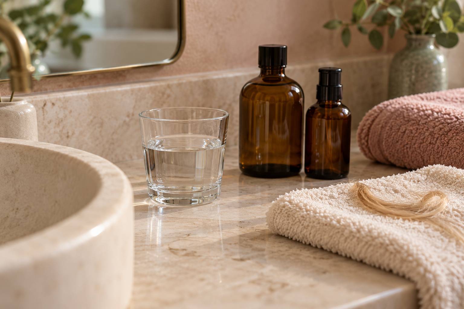 Verre d'eau et mèche de cheveux clairs posés sur un comptoir de salle de bain en pierre