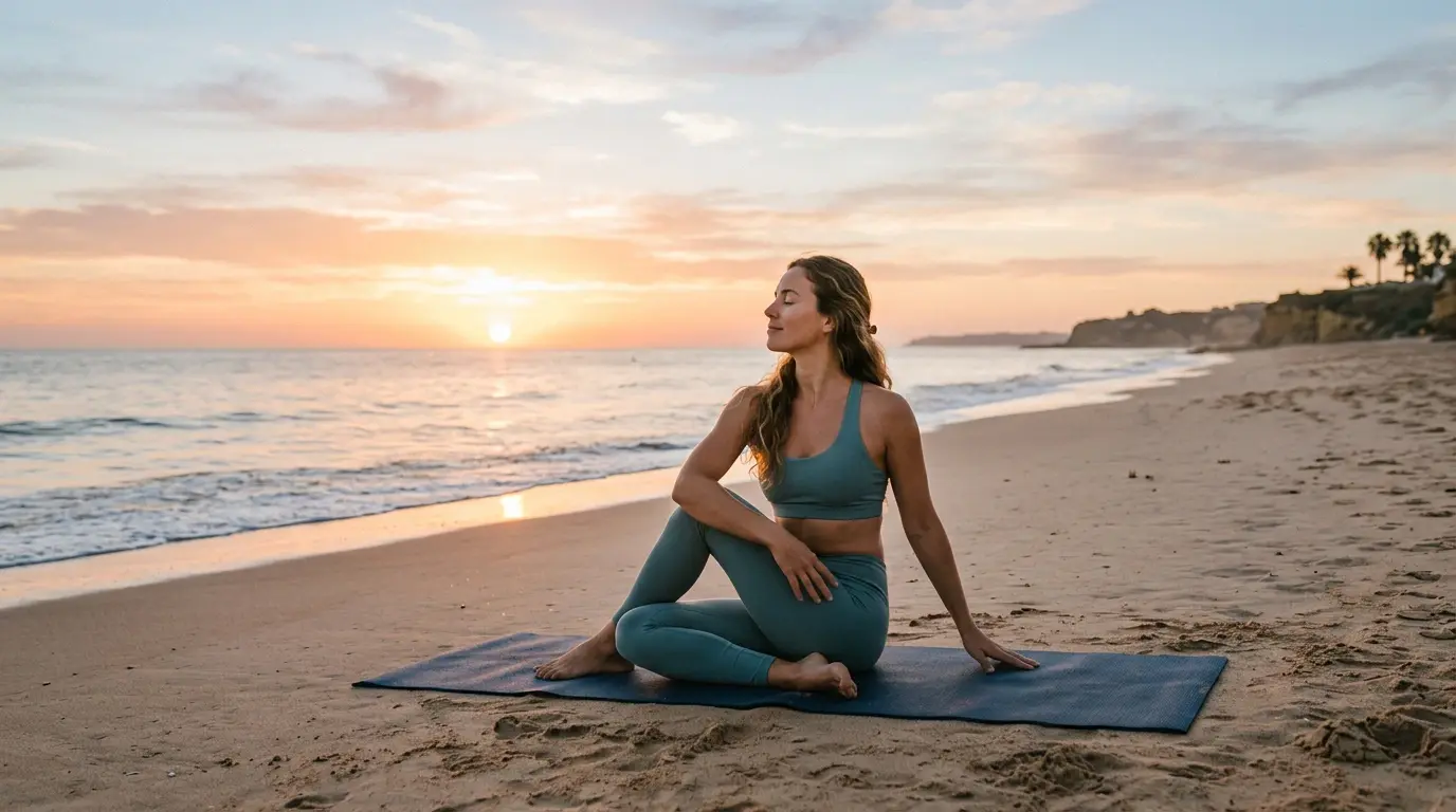 Femme pratiquant le yoga au lever du soleil
